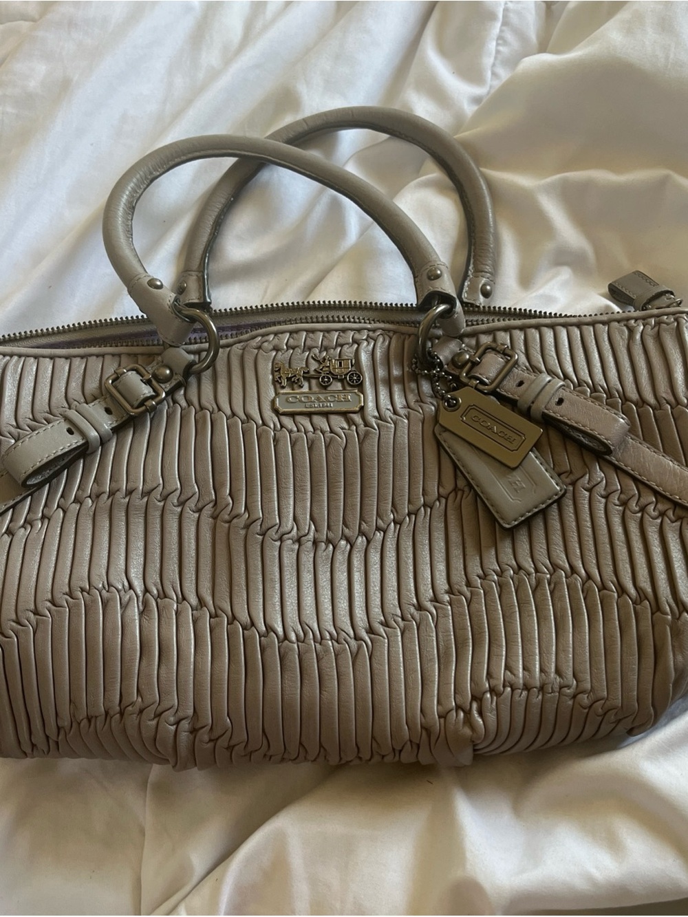 Coach Grey Ruched Leather Satchel with Dual Handles